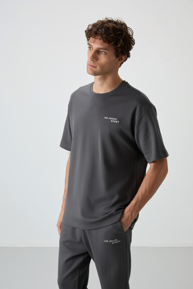 Haki Pamuklu Kalın Yumuşak Dokulu Oversize Fit Nakışlı Erkek Eşofman Takım - 85252 - 4