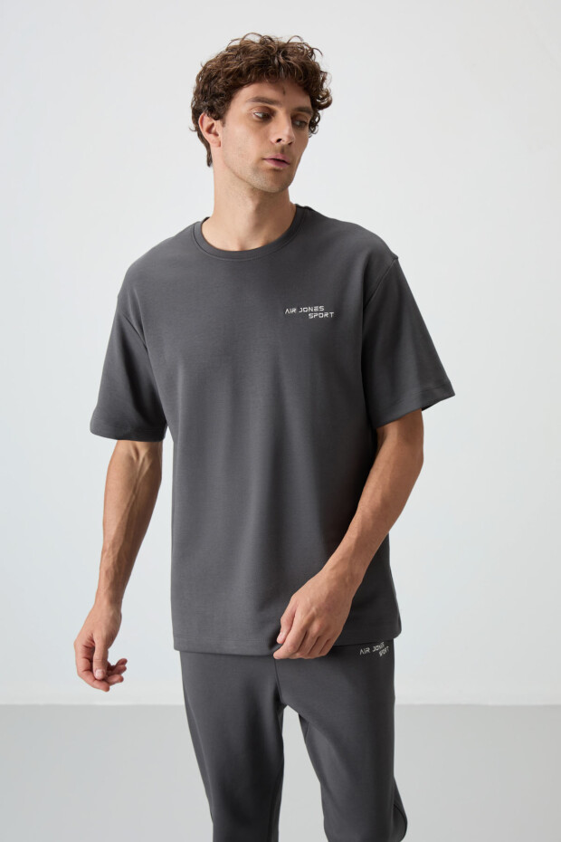 Haki Pamuklu Kalın Yumuşak Dokulu Oversize Fit Nakışlı Erkek Eşofman Takım - 85252 - 6