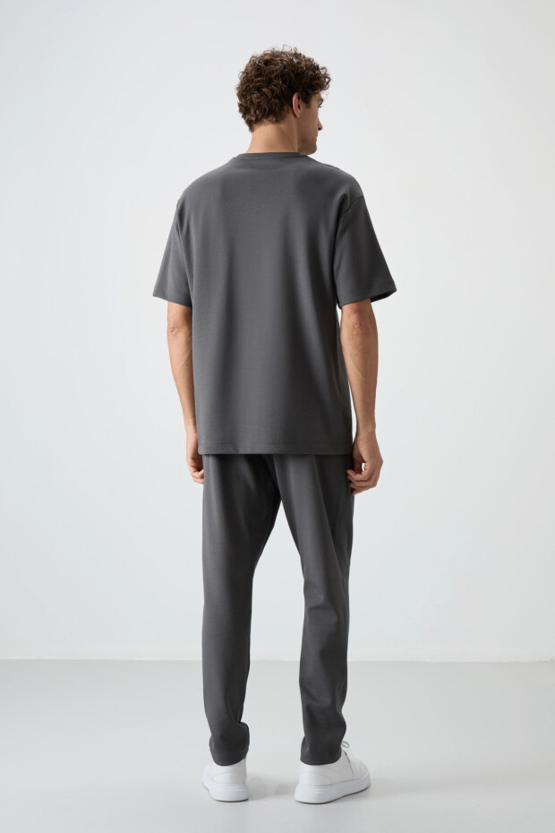 Haki Pamuklu Kalın Yumuşak Dokulu Oversize Fit Nakışlı Erkek Eşofman Takım - 85252 - 8