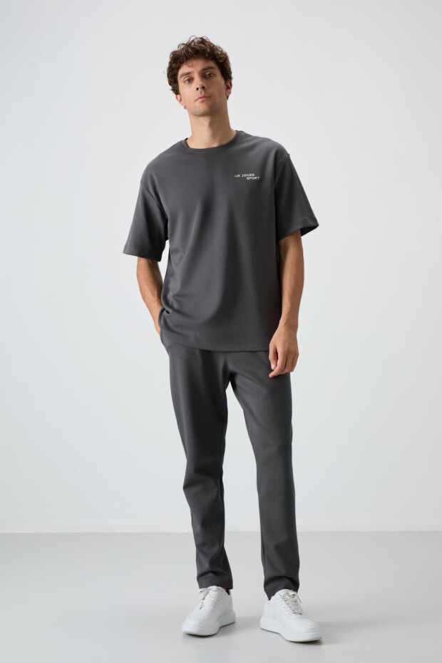 Haki Pamuklu Kalın Yumuşak Dokulu Oversize Fit Nakışlı Erkek Eşofman Takım - 85252 - 7