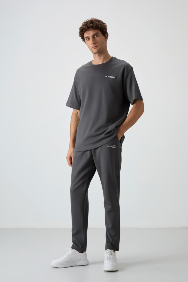 Haki Pamuklu Kalın Yumuşak Dokulu Oversize Fit Nakışlı Erkek Eşofman Takım - 85252 - 1