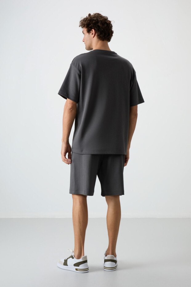 Haki Pamuklu Kalın Yumuşak Dokulu Oversize Fit Nakışlı Erkek Şort Takım - 85250 - 8