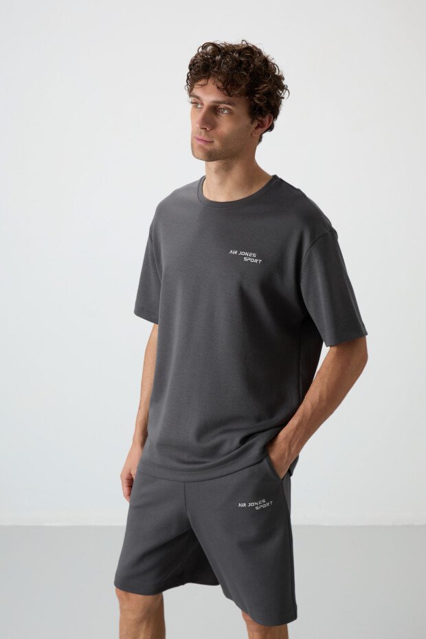 Haki Pamuklu Kalın Yumuşak Dokulu Oversize Fit Nakışlı Erkek Şort Takım - 85250 - 3