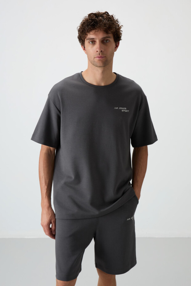 Haki Pamuklu Kalın Yumuşak Dokulu Oversize Fit Nakışlı Erkek Şort Takım - 85250 - 6