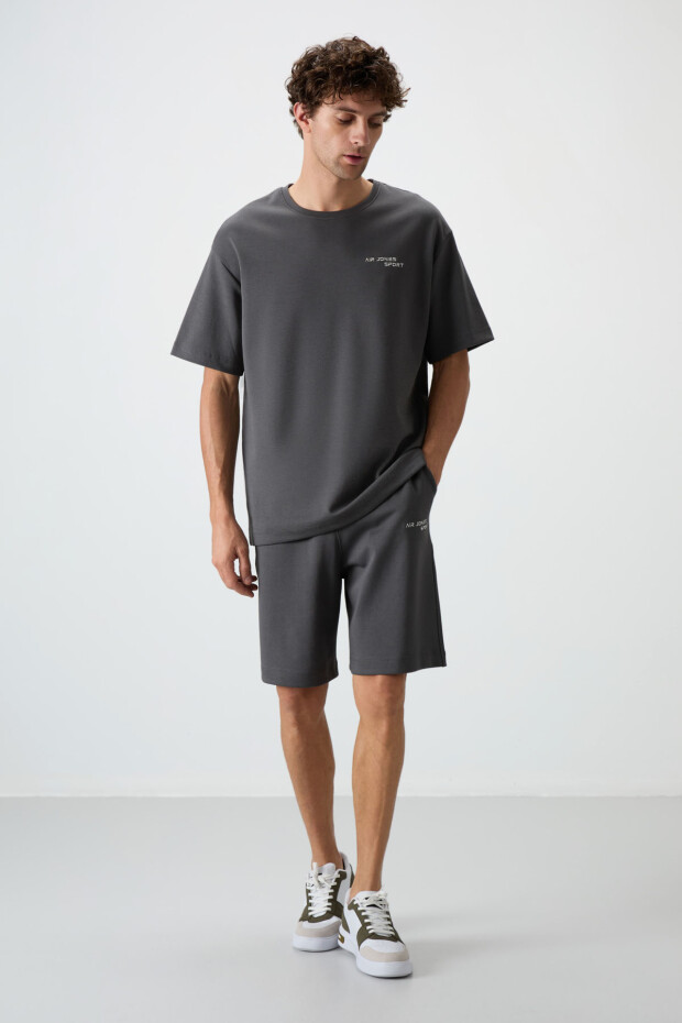 Haki Pamuklu Kalın Yumuşak Dokulu Oversize Fit Nakışlı Erkek Şort Takım - 85250 - 7