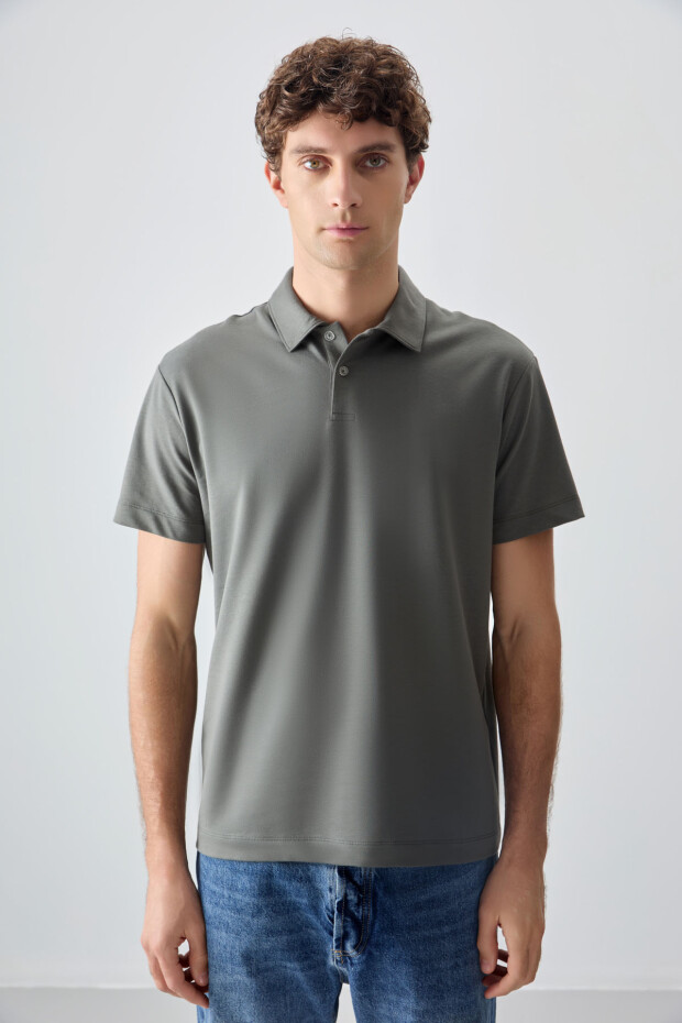 Haki Pamuklu Kalın Yumuşak Dokulu Polo Yaka Oversize Fit Basic Erkek T- Shirt - 88381 - 1