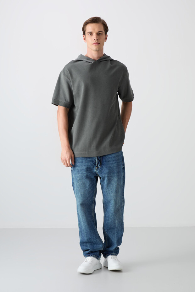 Haki Pamuklu Kalın Yüzeyi Dokulu Oversize Fit Basic Erkek T-Shirt - 88335 - 2