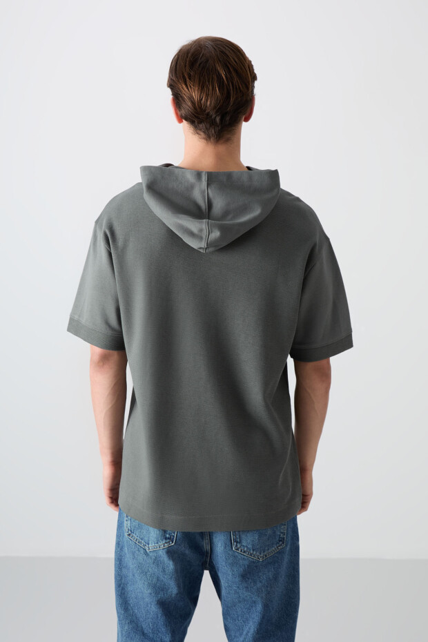 Haki Pamuklu Kalın Yüzeyi Dokulu Oversize Fit Basic Erkek T-Shirt - 88335 - 6