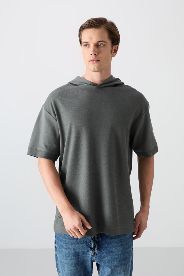 Haki Pamuklu Kalın Yüzeyi Dokulu Oversize Fit Basic Erkek T-Shirt - 88335 - 1
