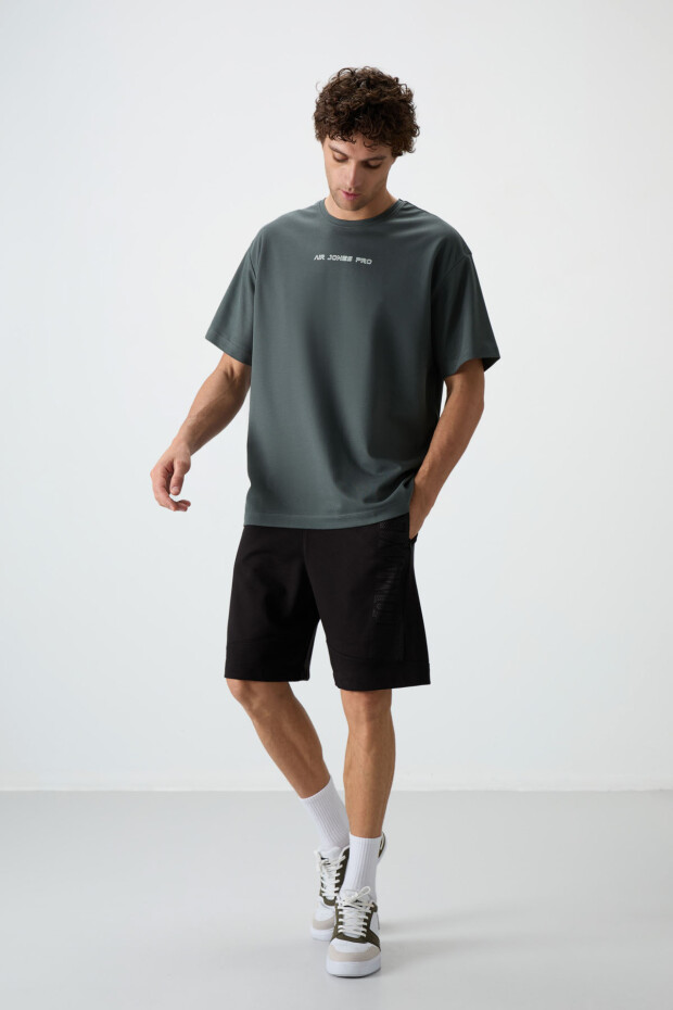 Haki Pamuklu Kalın Yüzeyi Dokulu Oversize Fit Baskılı Erkek T-Shirt - 88364 - 3