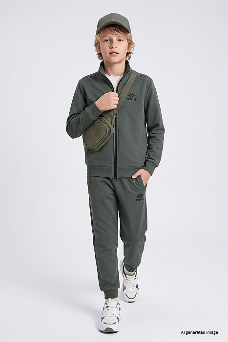 Haki Standart Fit Basic Dik Yaka Jogger Erkek Çocuk Eşofman Takım - 11327 