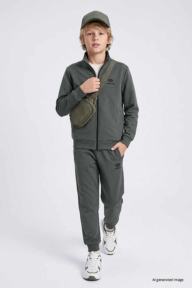 Haki Standart Fit Basic Dik Yaka Jogger Erkek Çocuk Eşofman Takım - 11327 - 1