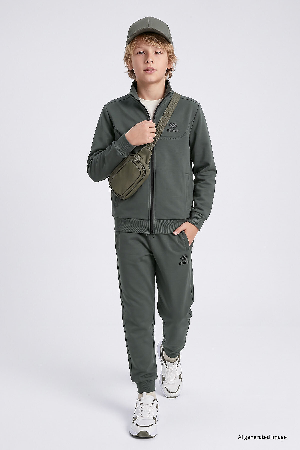 Haki Standart Fit Basic Dik Yaka Jogger Erkek Çocuk Eşofman Takım - 11327 - TOMMYLIFE