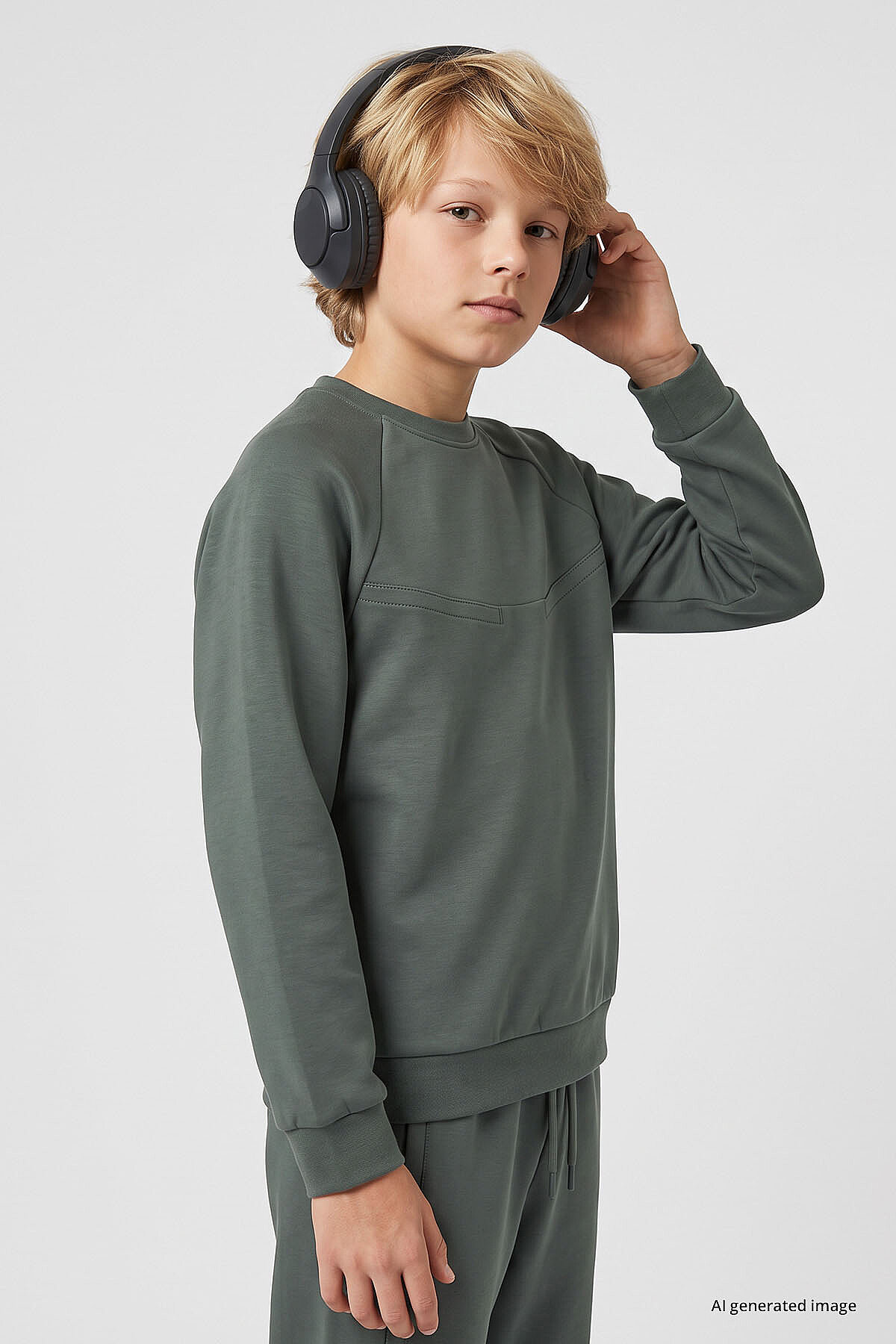 Haki Standart Fit Basic Dikiş Detaylı Erkek Çocuk Eşofman Takım - 11325 - TOMMYLIFE (1)