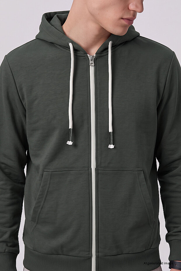 Haki Standart Kalıp Basic Fermuarlı Erkek Sweatshirt - 88514 - 4