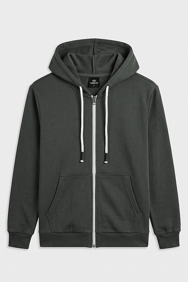 Haki Standart Kalıp Basic Fermuarlı Erkek Sweatshirt - 88514 - 1