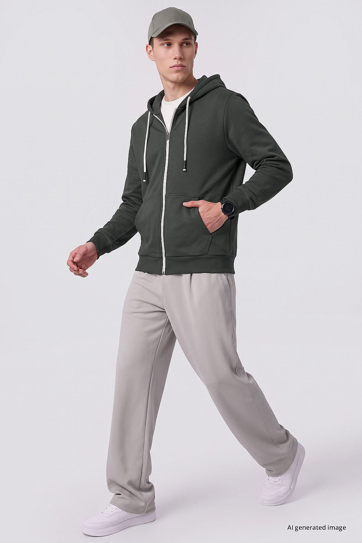 Haki Standart Kalıp Basic Fermuarlı Erkek Sweatshirt - 88514 - TOMMYLIFE (1)