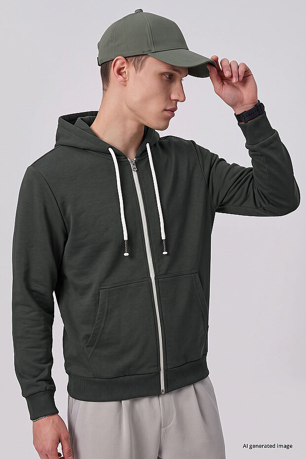 Haki Standart Kalıp Basic Fermuarlı Erkek Sweatshirt - 88514 - 5