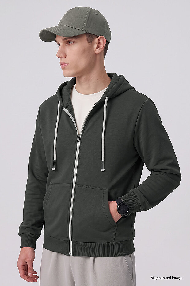 Haki Standart Kalıp Basic Fermuarlı Erkek Sweatshirt - 88514 - 3