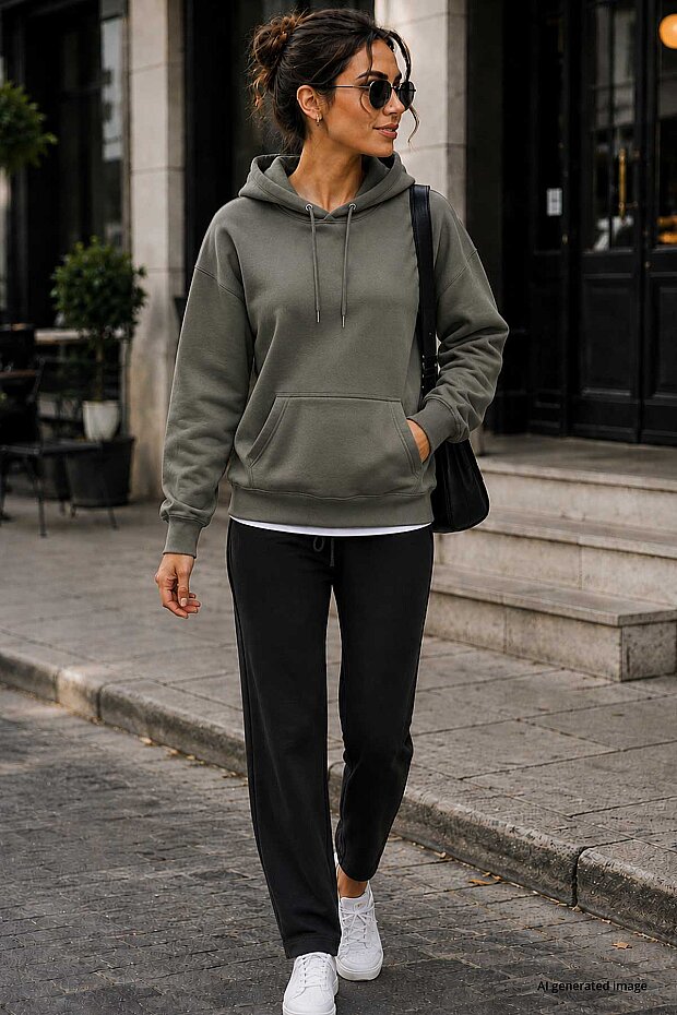 Haki Standart Kapüşonlu Kanguru Cepli Basic Kadın Sweatshirt - 97321 - 2
