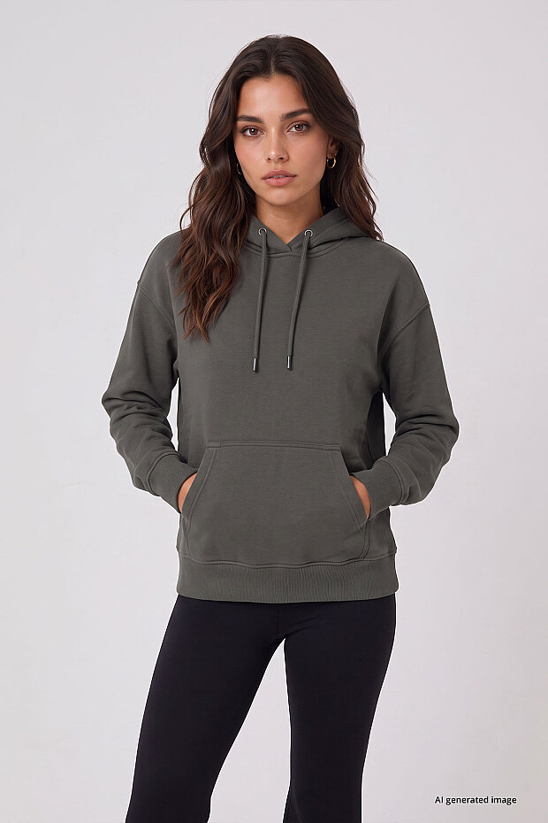 Haki Standart Kapüşonlu Kanguru Cepli Basic Kadın Sweatshirt - 97321 - 3