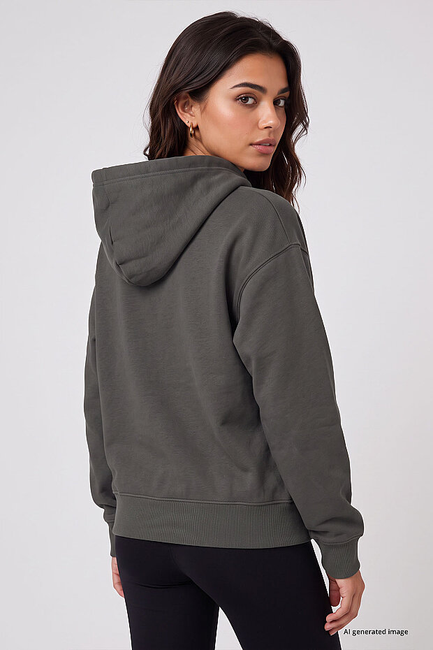 Haki Standart Kapüşonlu Kanguru Cepli Basic Kadın Sweatshirt - 97321 - 5