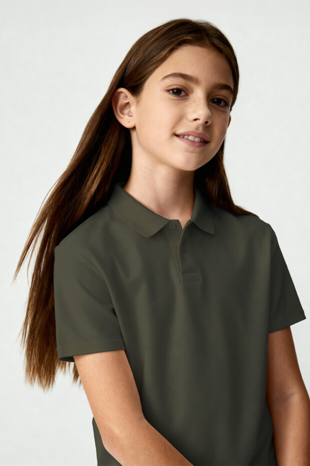 Haki Polo Yaka Standart Fit Basic Unisex Çocuk T-Shirt - 11330 - 3