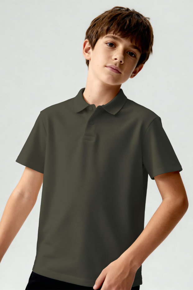 Haki Polo Yaka Standart Fit Basic Unisex Çocuk T-Shirt - 11330 - 2