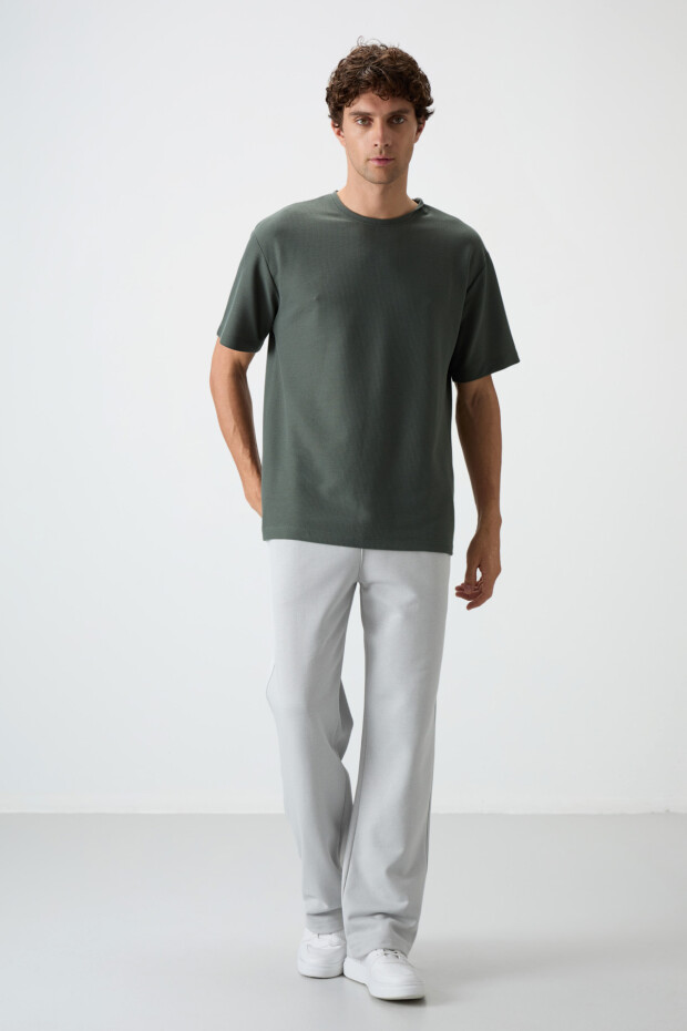 Haki Waffle İnterlok Yüzeyi Dokulu Oversize Fit Basic Erkek T-Shirt - 88379 - 3
