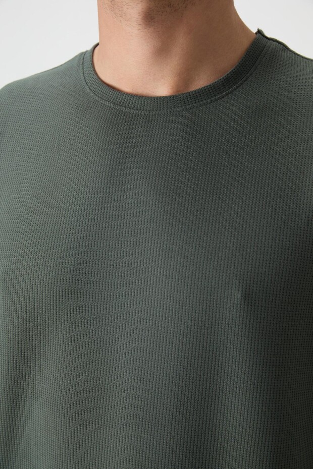 Haki Waffle İnterlok Yüzeyi Dokulu Oversize Fit Basic Erkek T-Shirt - 88379 - 4