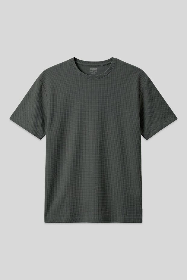 Haki Waffle İnterlok Yüzeyi Dokulu Oversize Fit Basic Erkek T-Shirt - 88379 - 1