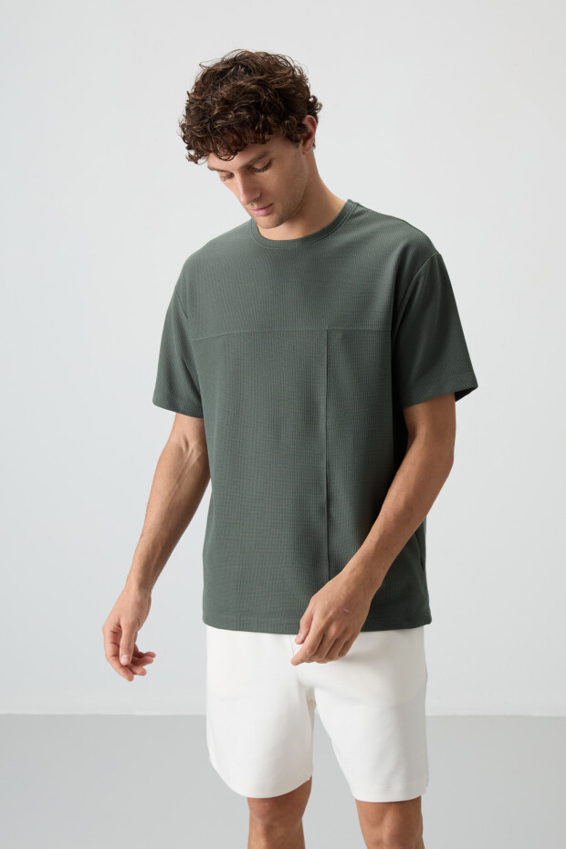 Haki Waffle İnterlok Yüzeyi Dokulu Oversize Fit Basic Erkek T-Shirt - 88380 - 2