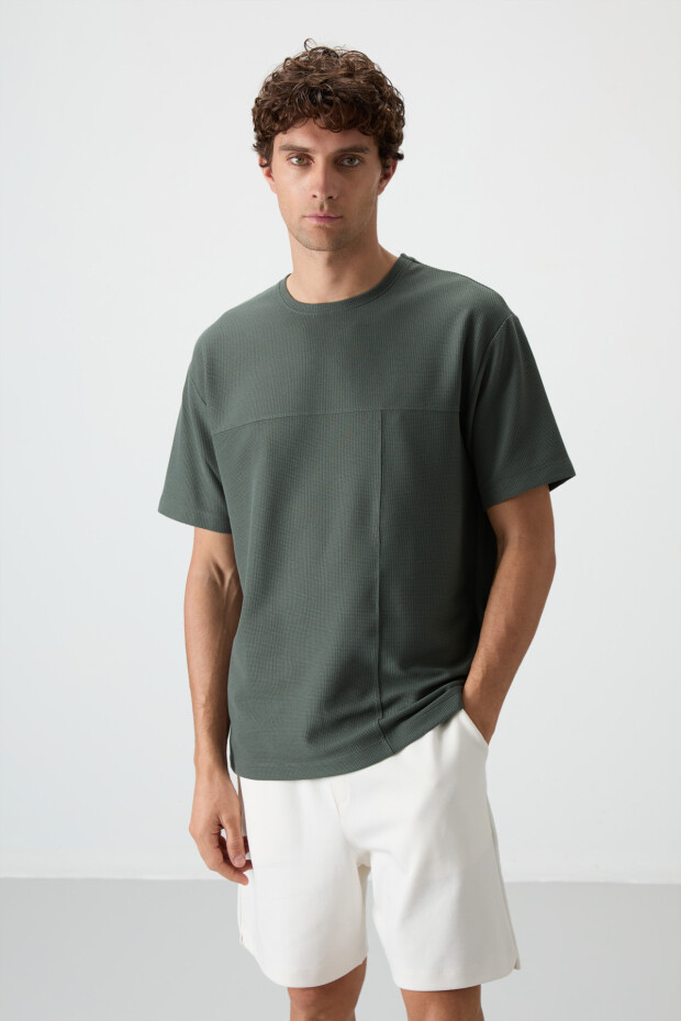 Haki Waffle İnterlok Yüzeyi Dokulu Oversize Fit Basic Erkek T-Shirt - 88380 - 5