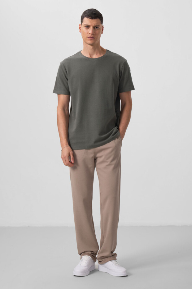 Haki Yüzeyi Dokulu Rahat Form Basic Erkek T-Shirt - 88436 - 2