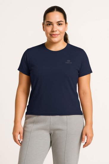 İndigo Baskılı O Yaka Rahat Form Battal Büyük Beden Kadın T-Shirt - 97308 