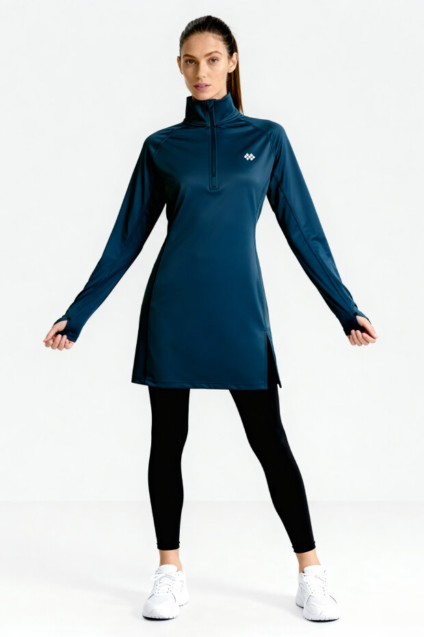 İndigo Yarım Fermuarlı Dik Yaka Standart Kalıp Kadın Sporcu Tunik - 97309 - 3