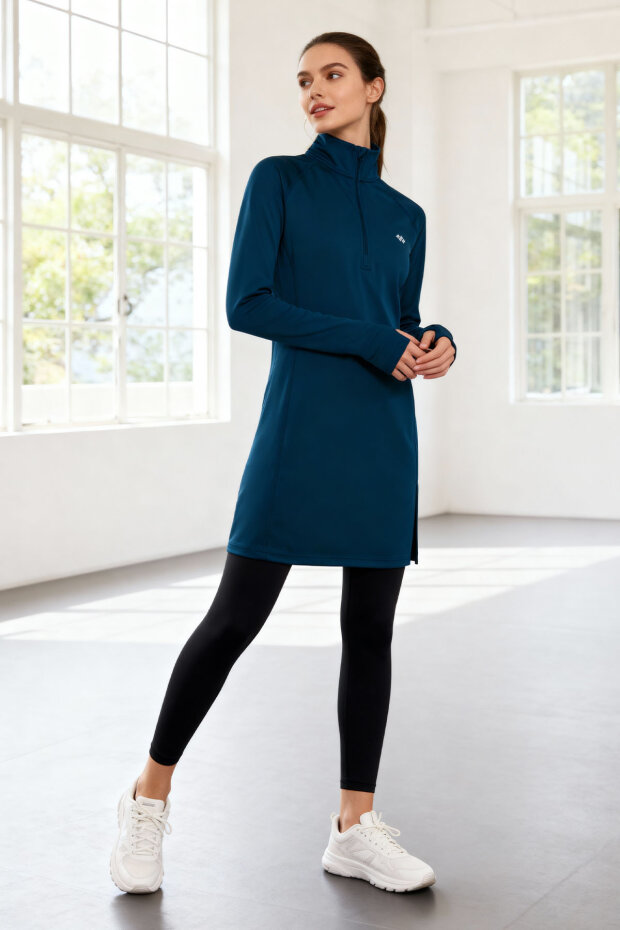 İndigo Yarım Fermuarlı Dik Yaka Standart Kalıp Kadın Sporcu Tunik - 97309 - 2