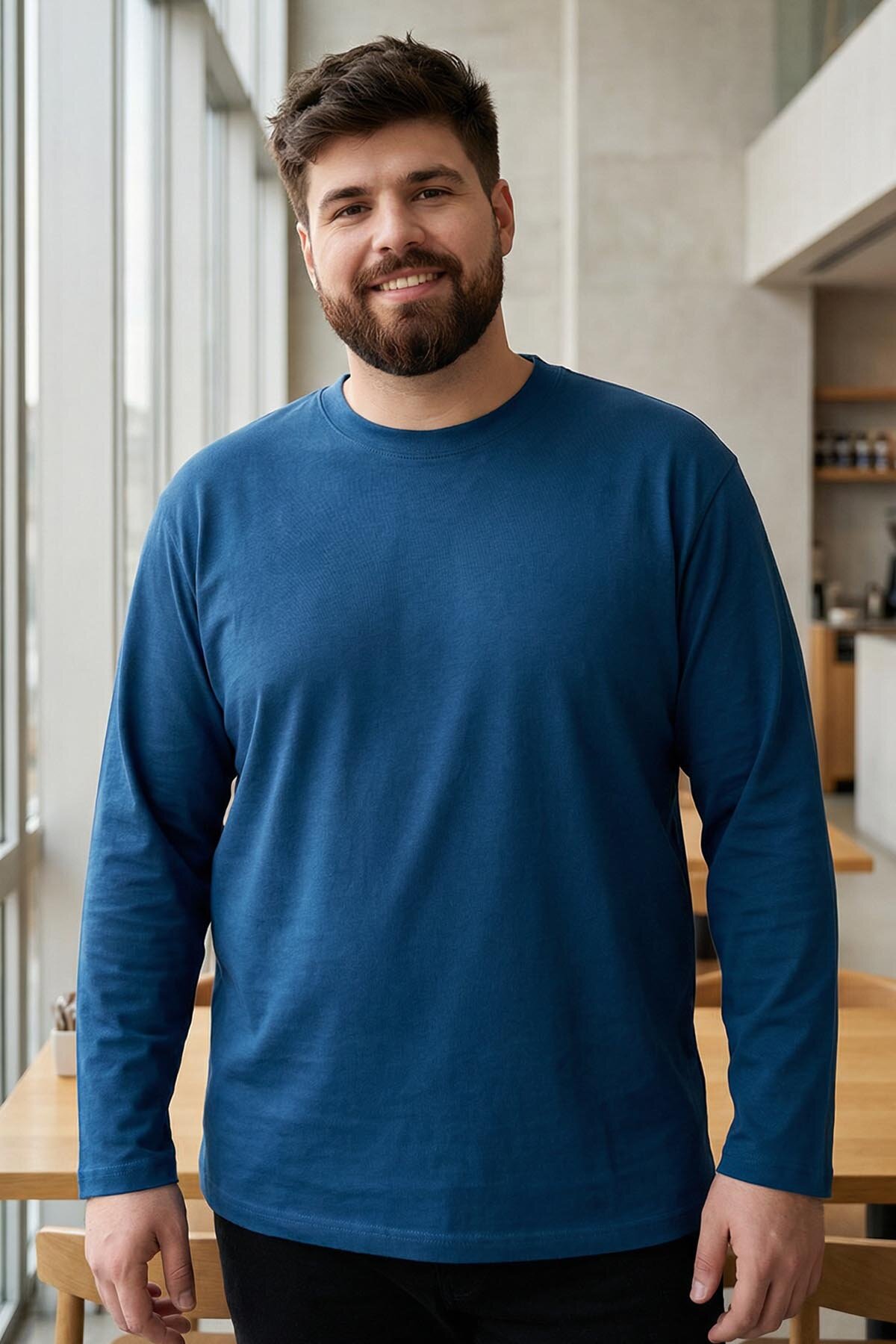 İndigo O Yaka Rahat Form Battal Büyük Beden Uzun Kollu Erkek T-Shirt - 88107 - TOMMYLIFE