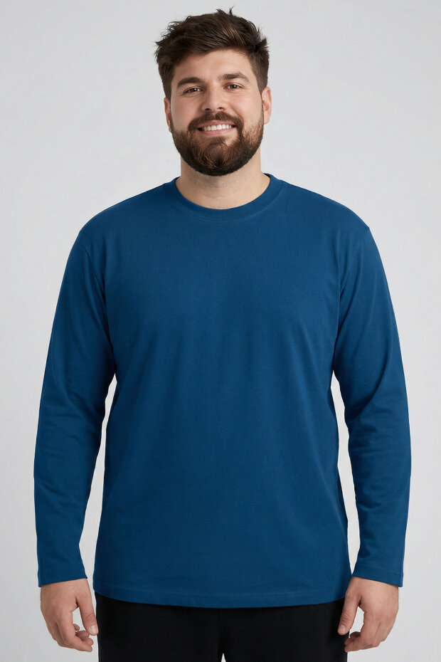 İndigo O Yaka Rahat Form Battal Büyük Beden Uzun Kollu Erkek T-Shirt - 88107 - 3