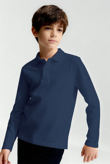 İndigo Polo Yaka Basic Uzun Kollu Unisex Çocuk T-Shirt - 11170 - TOMMYLIFE (1)