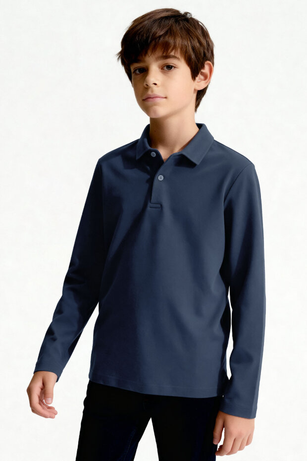 İndigo Polo Yaka Basic Uzun Kollu Unisex Çocuk T-Shirt - 11170 - 3