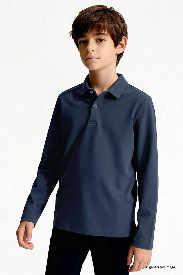 İndigo Polo Yaka Basic Uzun Kollu Unisex Çocuk T-Shirt - 11170 - 2