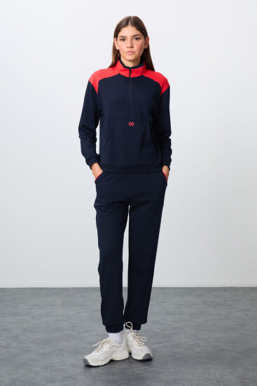 İndigo Kompakt Pamuklu Kalın Pürüzsüz Dokulu Dik Yaka Oversize Fit Kadın Eşofman Takım - 95342 