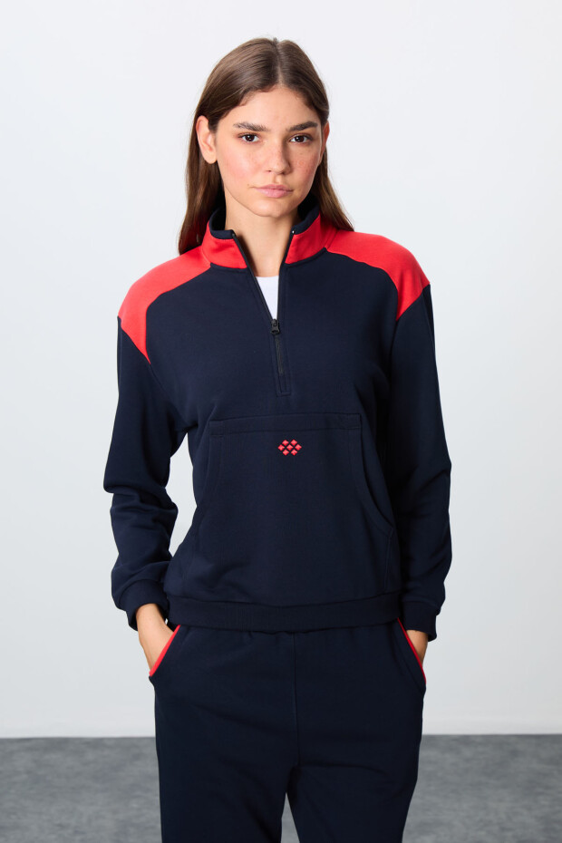 İndigo Kompakt Pamuklu Kalın Pürüzsüz Dokulu Dik Yaka Oversize Fit Kadın Eşofman Takım - 95342 - 2