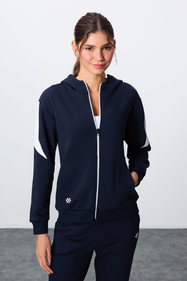 İndigo Kompakt Pamuklu Kalın Pürüzsüz Dokulu Kapüşonlu Oversize Fit Kadın Eşofman Takım - 95343 - 2