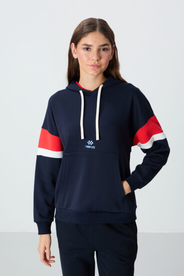 İndigo Kompakt Pamuklu Kalın Pürüzsüz Dokulu Kapüşonlu Standart Kalıp Kadın Sweatshirt - 97290 