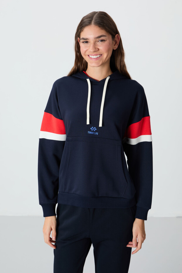 İndigo Kompakt Pamuklu Kalın Pürüzsüz Dokulu Kapüşonlu Standart Kalıp Kadın Sweatshirt - 97290 - 4