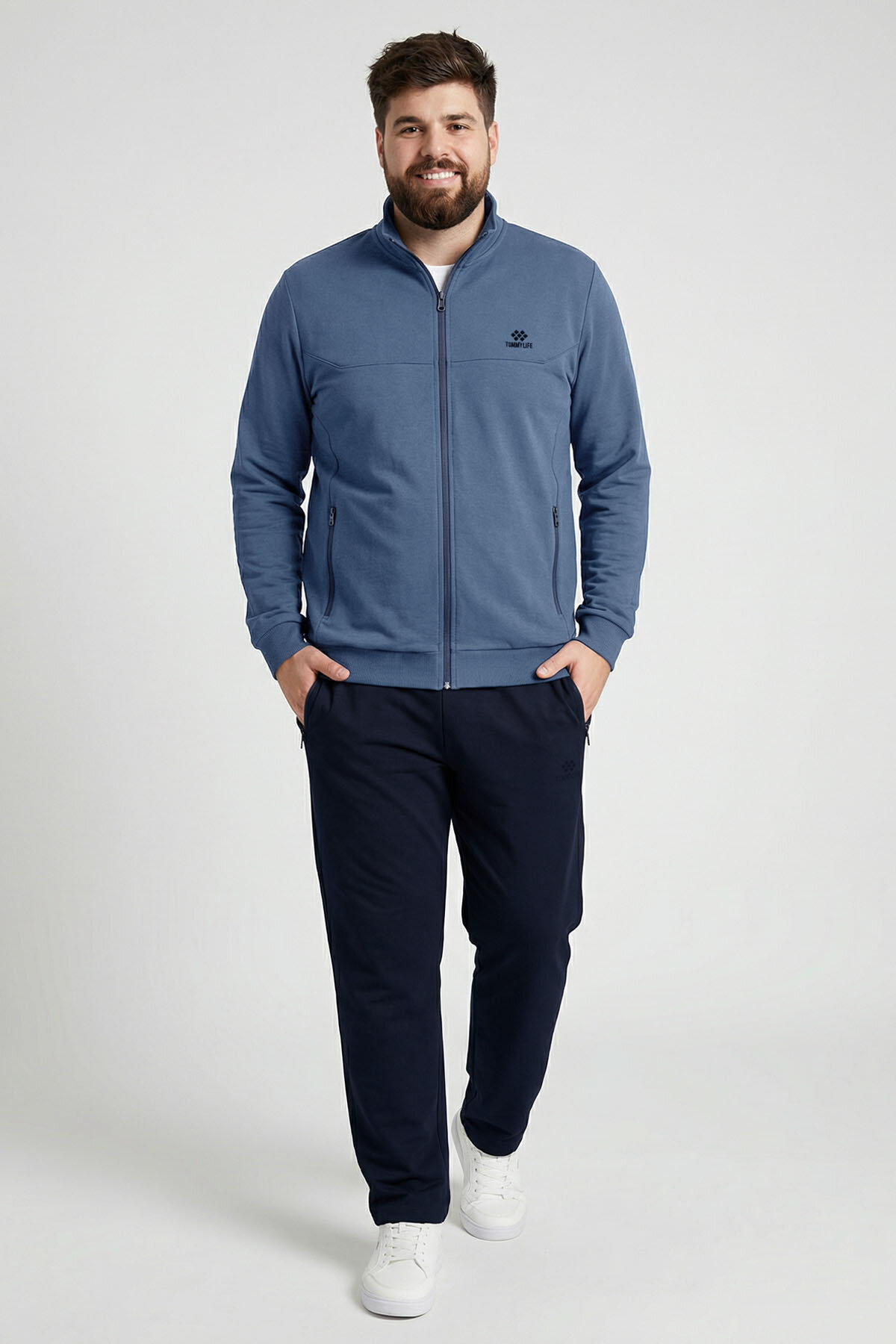 İndigo - Lacivert Dik Yaka Battal Büyük Beden Erkek Eşofman Takım - 85176 - TOMMYLIFE