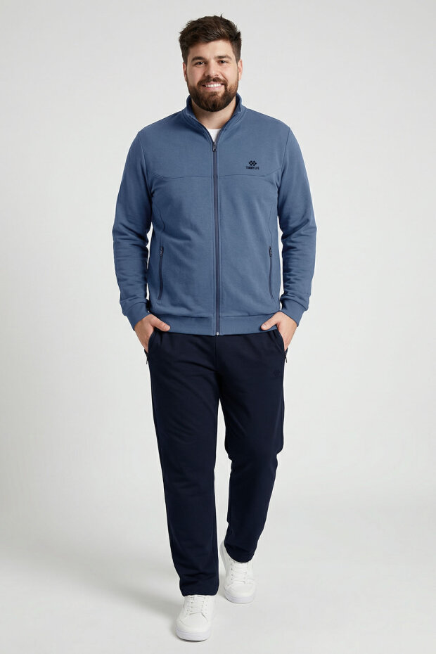 İndigo - Lacivert Dik Yaka Battal Büyük Beden Erkek Eşofman Takım - 85176 - 1