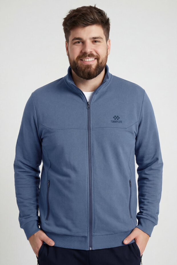 İndigo - Lacivert Dik Yaka Battal Büyük Beden Erkek Eşofman Takım - 85176 - 3